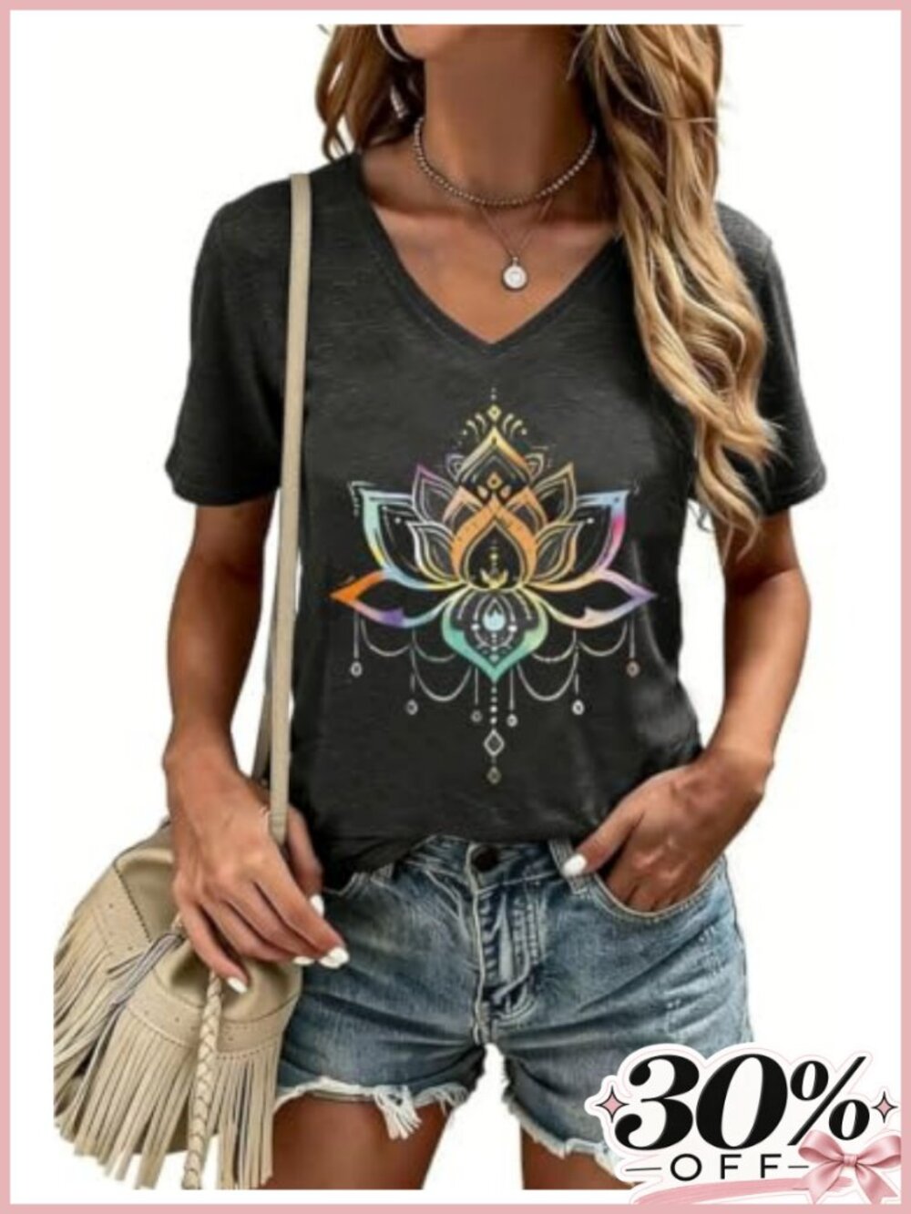 Women's Boho Floral V-Neck Tee - Casual Summer Top